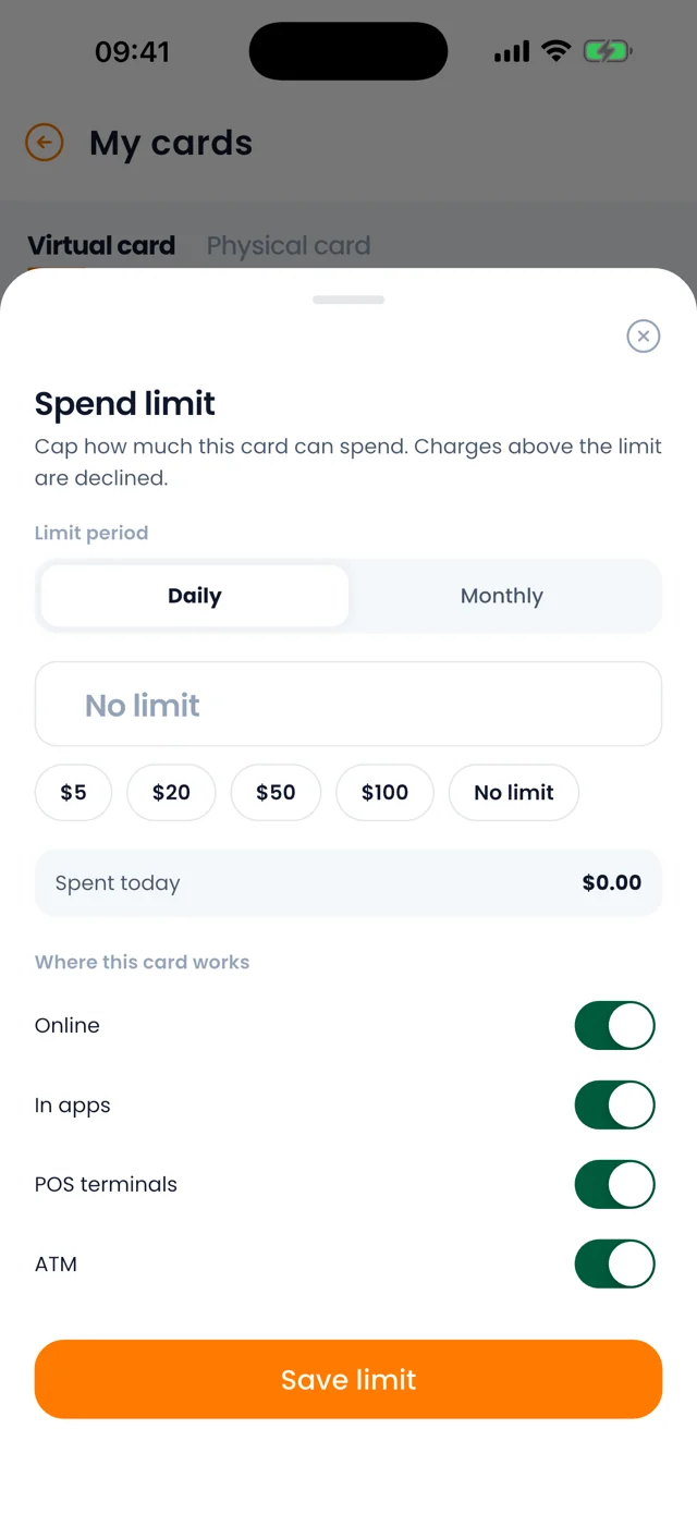 Setting a spend limit and choosing where the card works