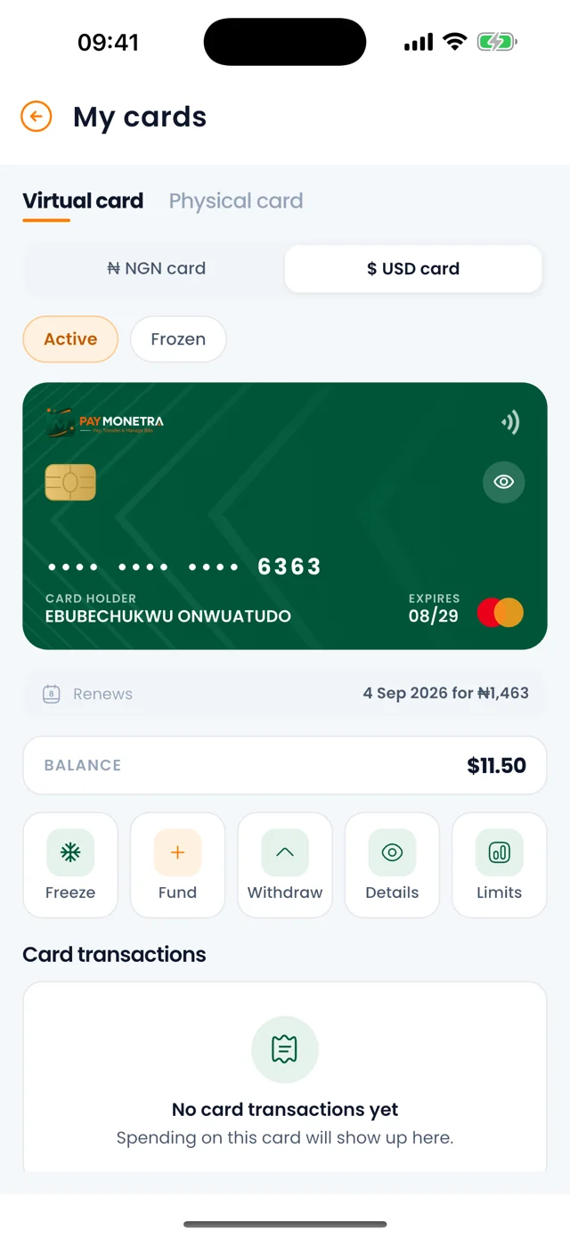 A dollar card in the Paymonetra app