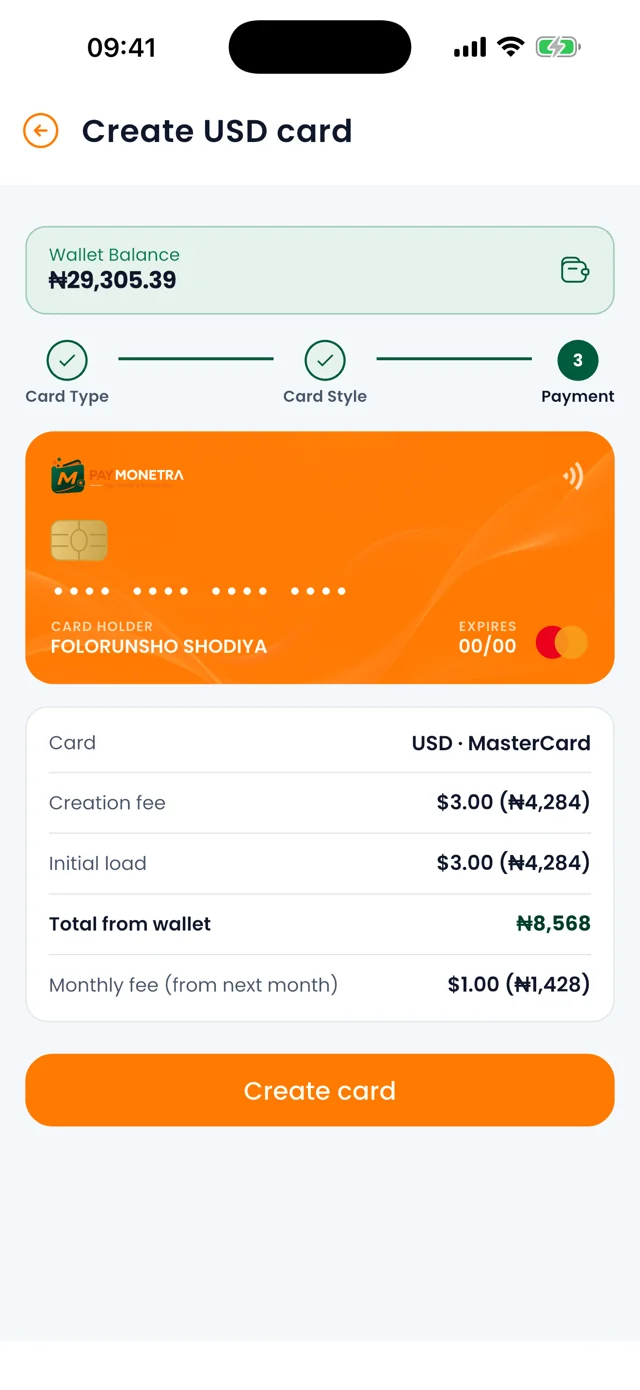 Creating a card, with every fee shown up front