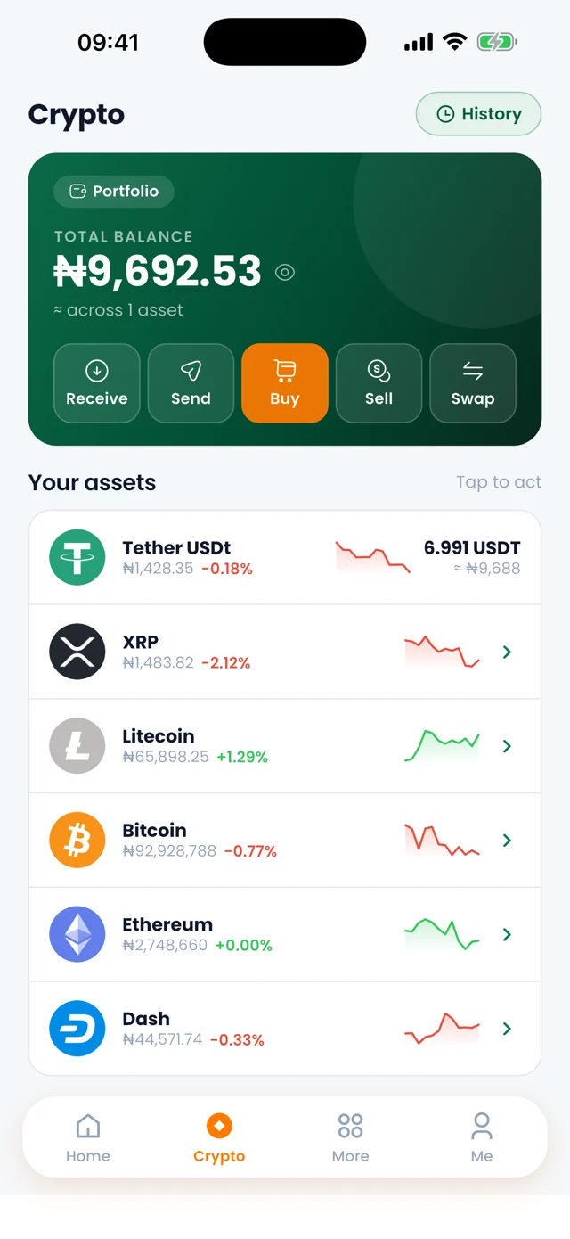 Crypto portfolio with balances and 24 hour movement