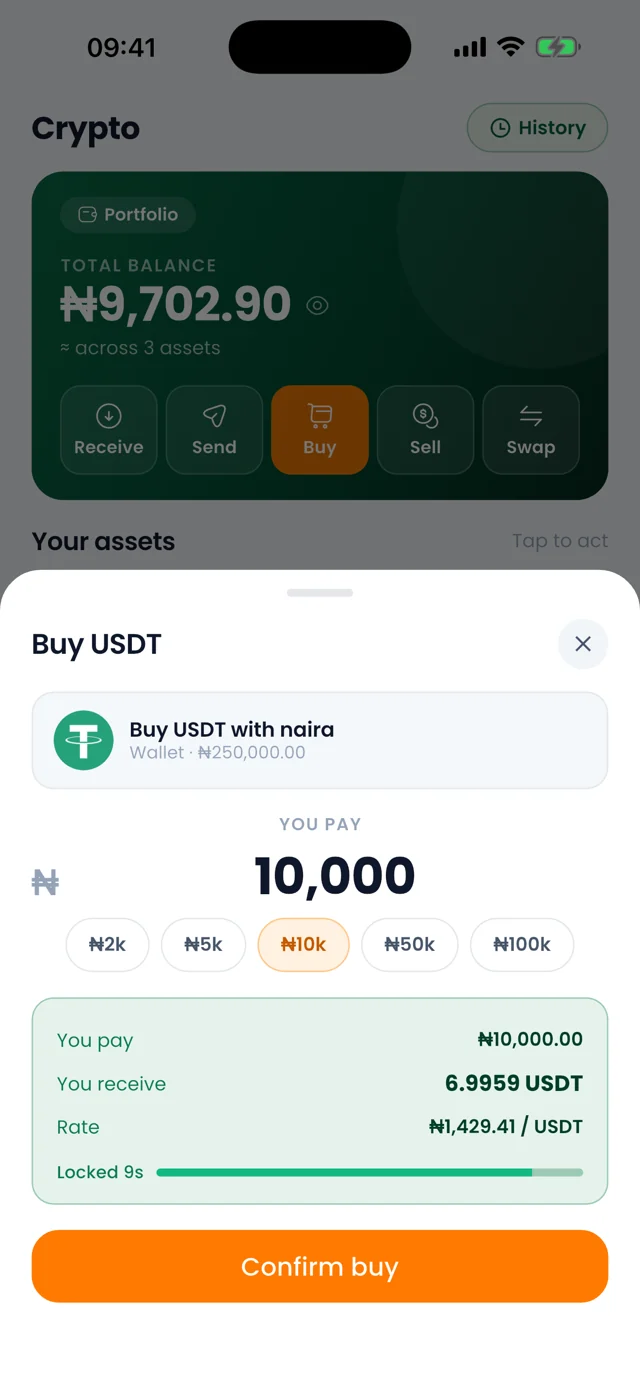 Buying USDT with the rate locked before confirming