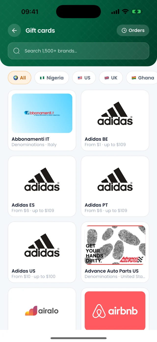Gift card brands available in the Paymonetra app
